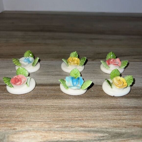 Vintage Shafford Porcelain Name Card Holders Mini 1.25" Set x6 Carnation Flowers - Picture 1 of 7